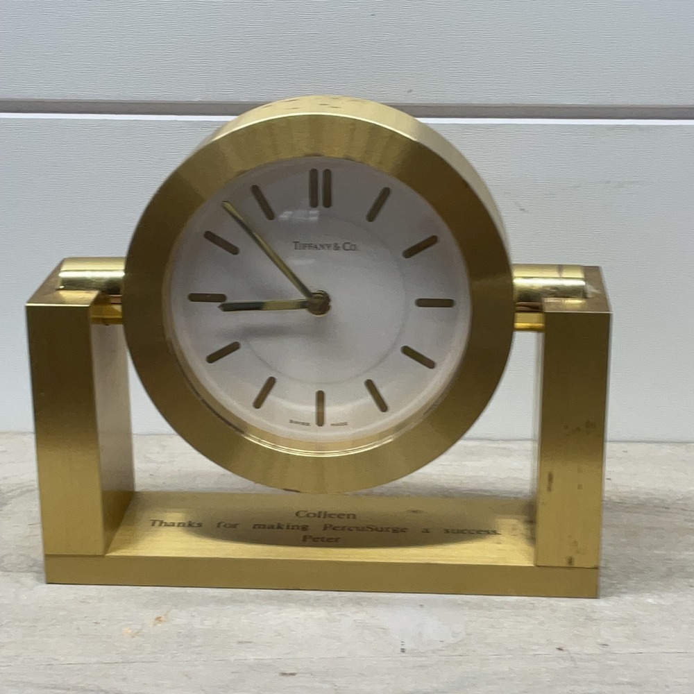 Tiffany & Co Swiss Made Brass Gimbal Desk Clock Gold Tone Swivel Office Decor